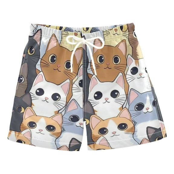 Cute Cat Faces Pattern Boys Swim Trunks Quick Dry Boy Swim Shorts for 3-14 Years
