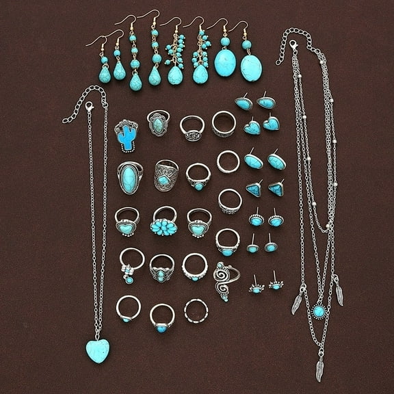 Fashionable Turquoise Jewelry Set Necklace Ring Earrings for Everyday Use