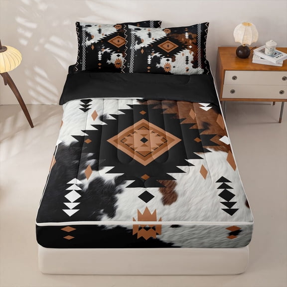 jejeloiu Natural Tribal Zipper Twin Comforter Sets with Fitted Sheet and 2 Pillowcases,Organic Print Zipper Bedding Set For Boys,Black Turquoise,Black Reversible,4 Pieces