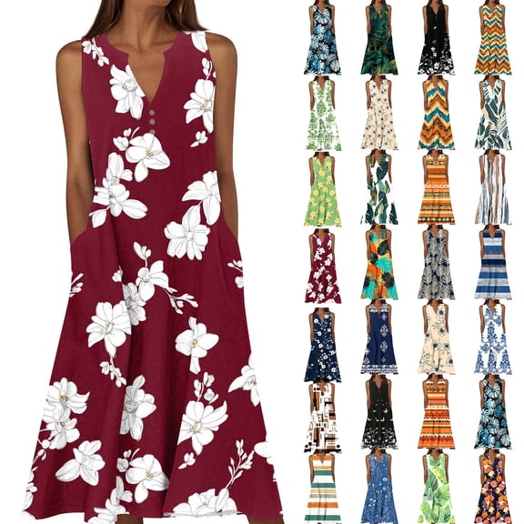 Women's Plus Size Dress V Neck Sleeveless Button Midi Dresses Summer Casual Trendy Clothes With Pockets (XL, Wine)