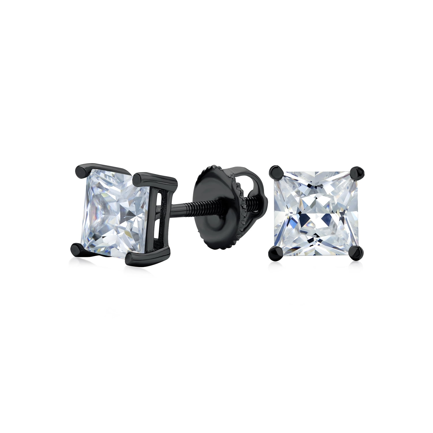 1.5Ct Clear Square Princess AAA Cut Cubic Zirconia Solitaire Stud Earrings for Men Women CZ Secure Screw Back Black Plated .925 Sterling Silver