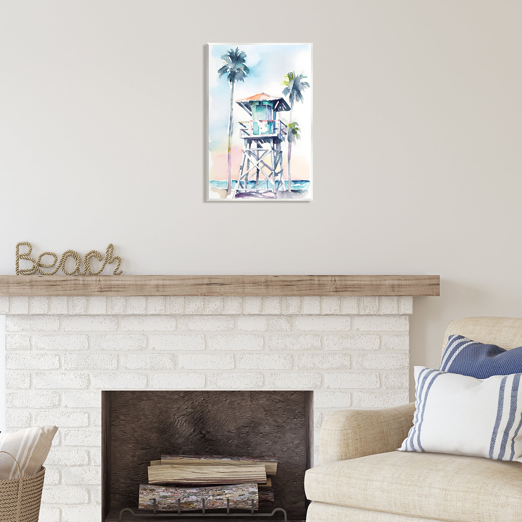 Stupell Industries Lifeguard Hut on Beach Landscape Painting Unframed Art Print Wall Art, 13 x 19