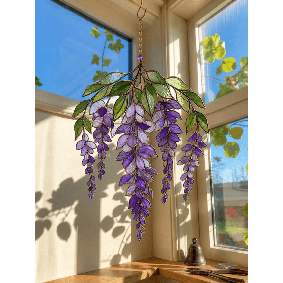 Stained Glass Suncatcher Window Hanging, Wisteria Floral Sun Catcher Gift