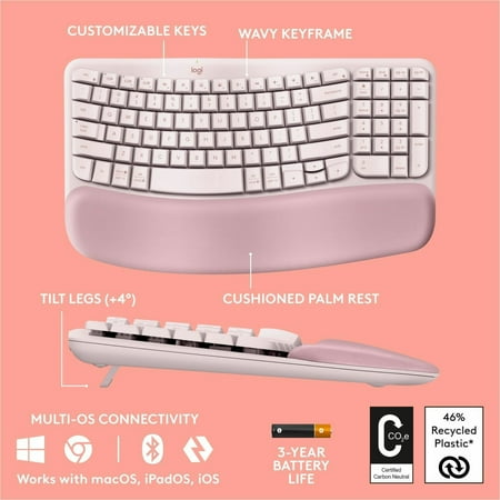 Logitech - Wave Keys Ergonomic Wireless Keyboard for Windows/Mac with Integrated Palm-rest - Rose