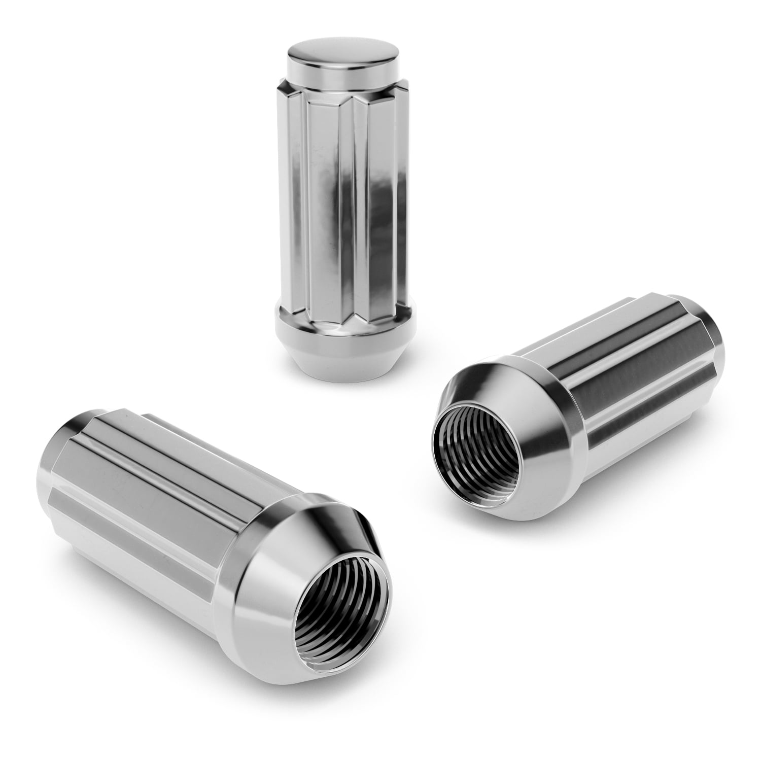 24pcs Silver Spline 14x1.5 Lug Nuts (51mm Length x 22mm Width) Bulge Cone Acorn Taper Seat - Includes 1 Socket Key Compatible with 2018+ Jeep Wrangler JL, Ford Chevy GMC Buick Cadillac