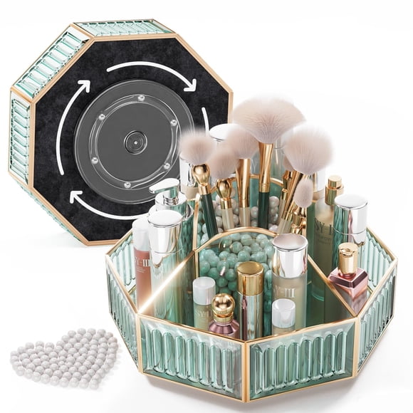 CoralHouse Organizador de maquillaje giratorio Organizador de maquillaje Encimera Organizador de cosméticos y cuidado de la piel de vidrio de alta dureza Organizador de mostrador de baño.