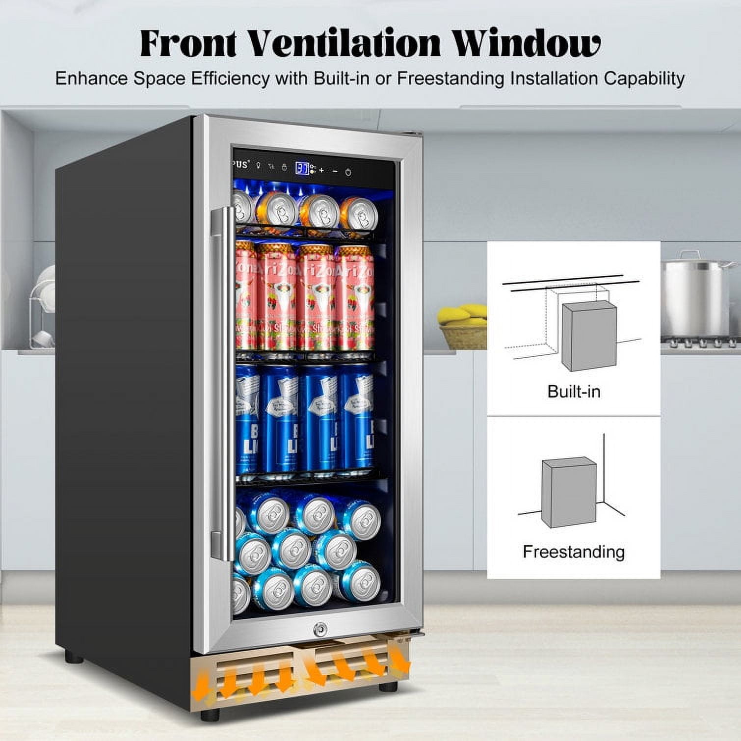 Nipus 15 inch 130 Can Beverage Fridge,Freestanding Built-in Wine Cooler with Glass Door