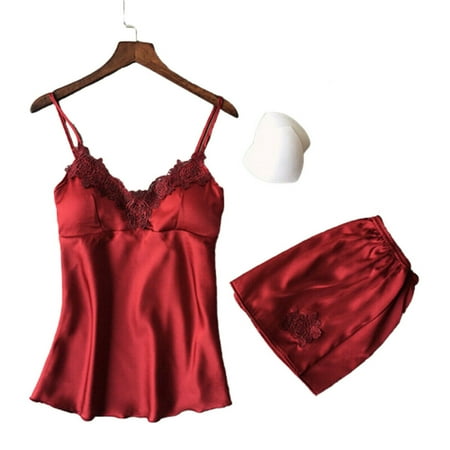 

2PCS Lingerie Women Satin Silk Sleepwear Babydoll Nightwear Pajamas Pyjamas Set