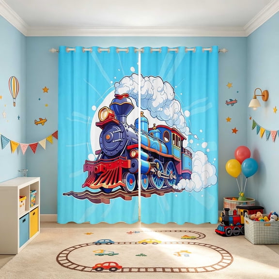 Erosebridal Train Blackout Curtains, Steam Engine Window Curtains Pack of 2 (38x45 Each), Blue Cartoon