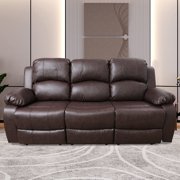 Brown Leather Reclining Sofa for Living Room Furniture, 3 Seater Sofa Double Recliner Couch with Drop Down Table/Two Cup Holders/Faux Leather