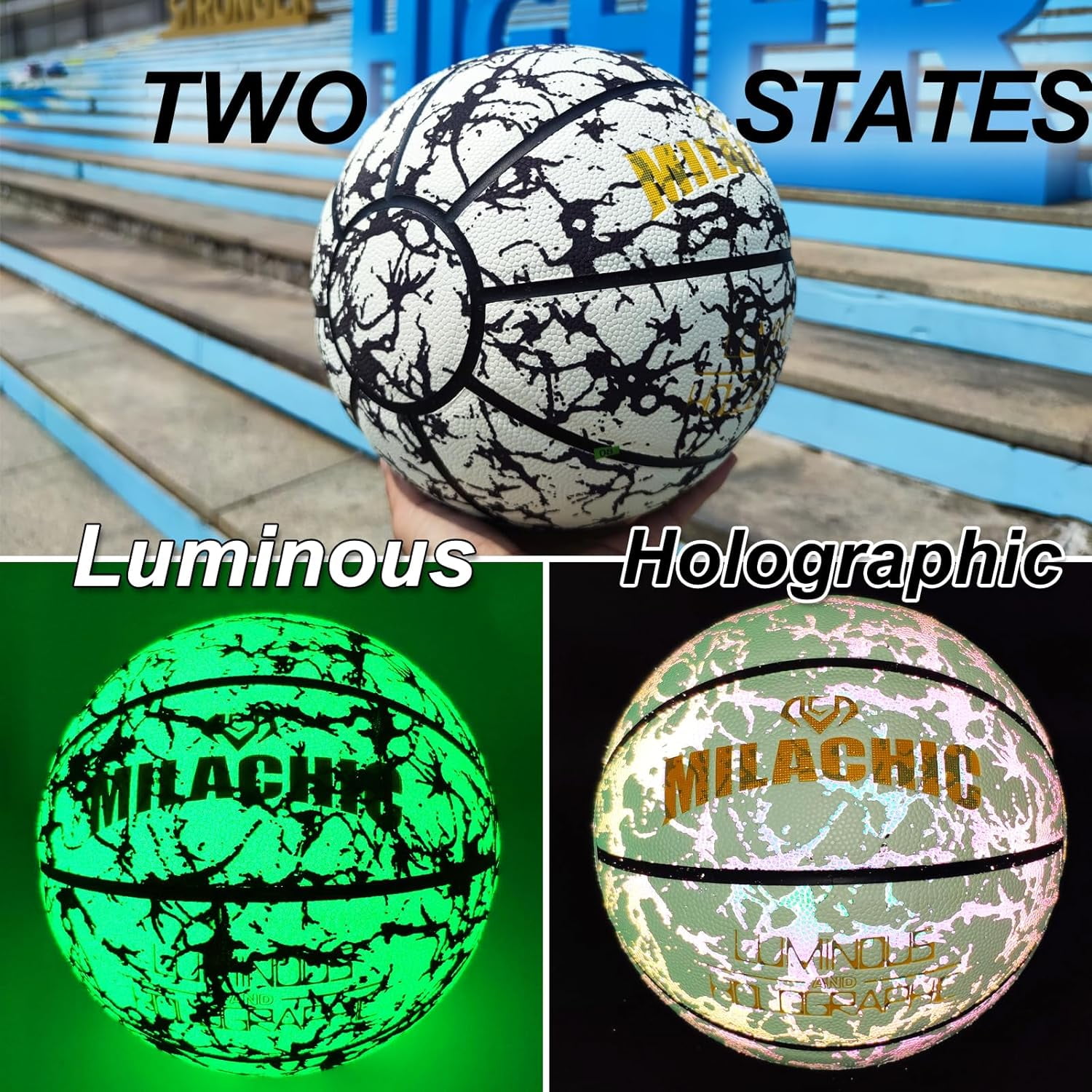 Basketball, Glow in The Dark Holographic Basketball, Official Size 7 Indoor Outdoor Luminous Glowing Leather Basketball 29.5" - with Pump