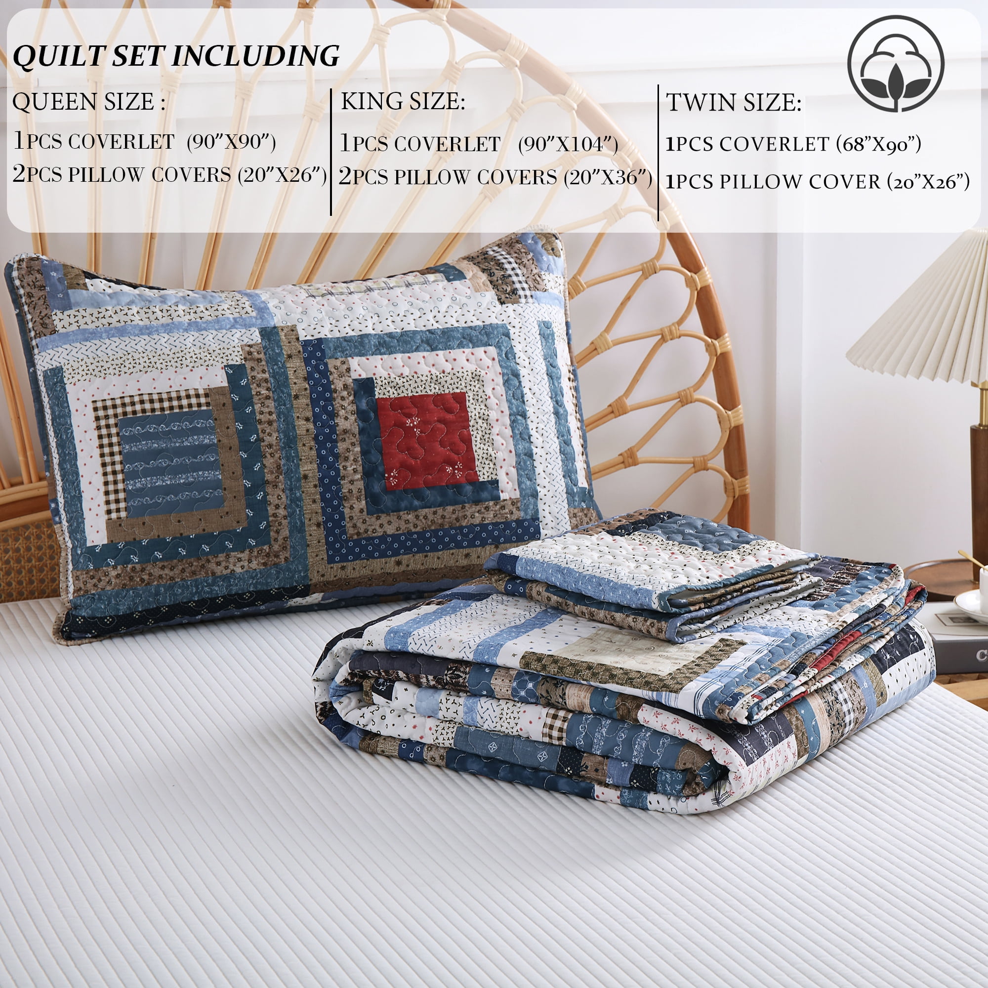 Queen Size Quilt Set, Greagle 3-Piece Soft Warm Lightweight Queen Size Summer Quilt Bedspread Machine Washable Bedding Set with 2-Piece Pillow Shams, 90x90 inch Plaid Print