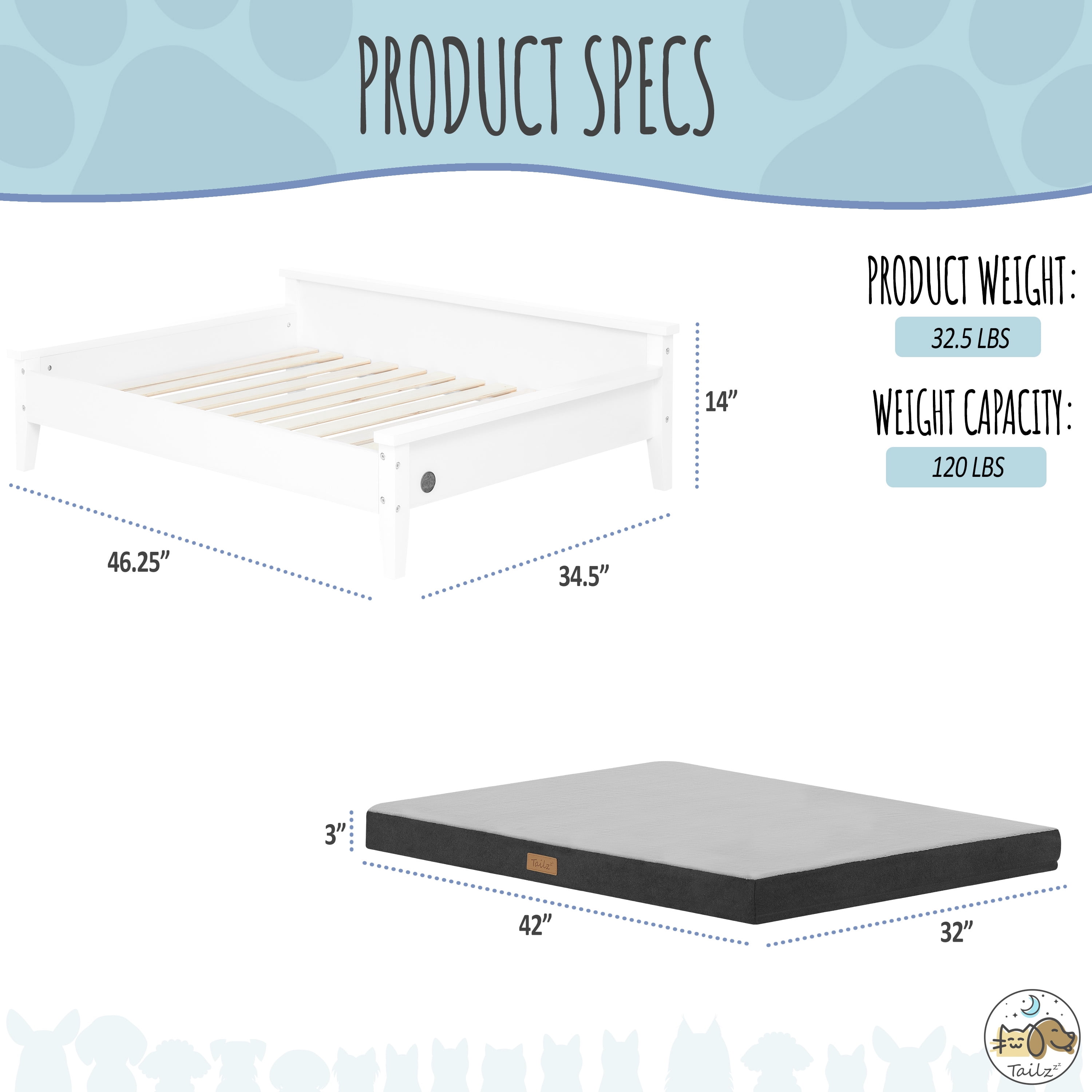 TailZzz Winston Large Elevated Wooden Pet Bed with Mattress, White