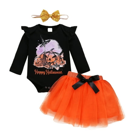 

Kucnuzki 6 Months Baby Girls Halloween Skirt Sets 12 Long Sleeve Halloween Pumpkin Prints Romper Tops Elastic Tulle Flowing Skirt Headband 3PCS Set Black