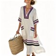 thumbnail image 2 of KHONTS Women's 3/4 Sleeve V-Neck Strip Oversize Linen Maxi Dress Plus Size Loose Long Dresses 05-Purple XL, 2 of 6