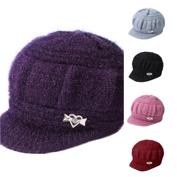 lnmuld Fluffy Faux Fur Newsboy Cap Heart Rhinestone Decor Peaked Hat for Women Size:One Size