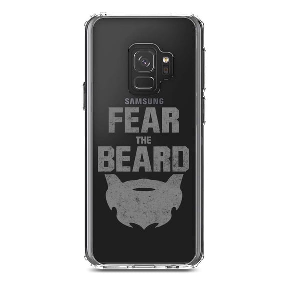 DistinctInk Clear Shockproof Hybrid Case for Samsung Galaxy S9 (5.8" Screen) - TPU Bumper Acrylic Back Tempered Glass Screen Protector - Fear the Beard