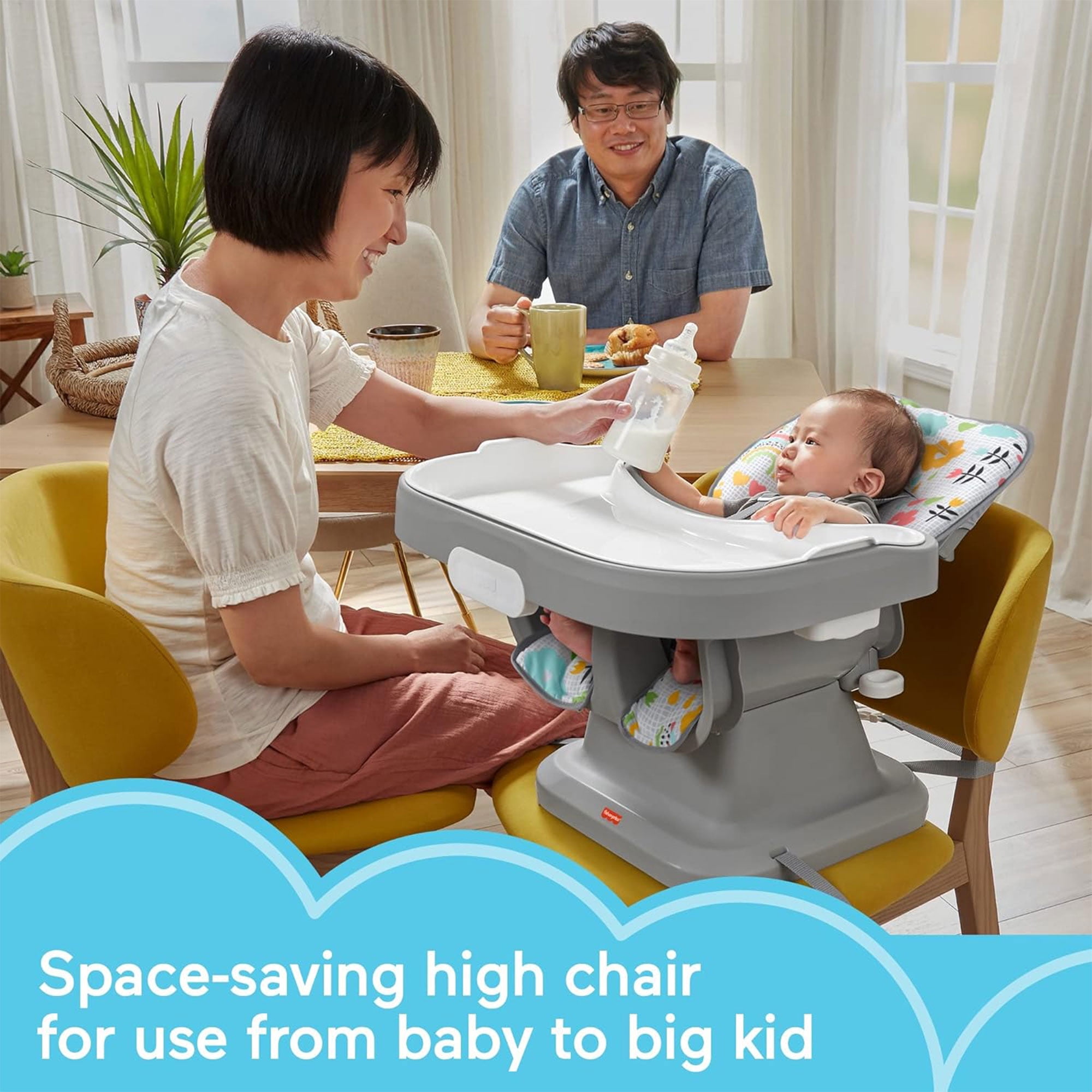 Fisher-Price SpaceSaver Simple Clean High Chair with Wraparound Deep-Dish Tray, Removable Tray Liner, 3 Recline Positions