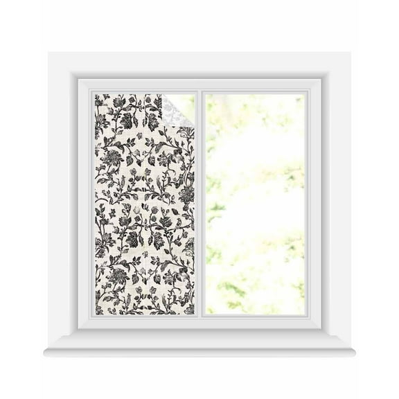 Window Privacy Film Farmhouse Black Stained Glass Window Film Decorative Sun Block Window Cover Vintage Flower Leaf Botanical Plant Window Clings Static Adhesive Sticker for Bathroom 19.6"x39.3"