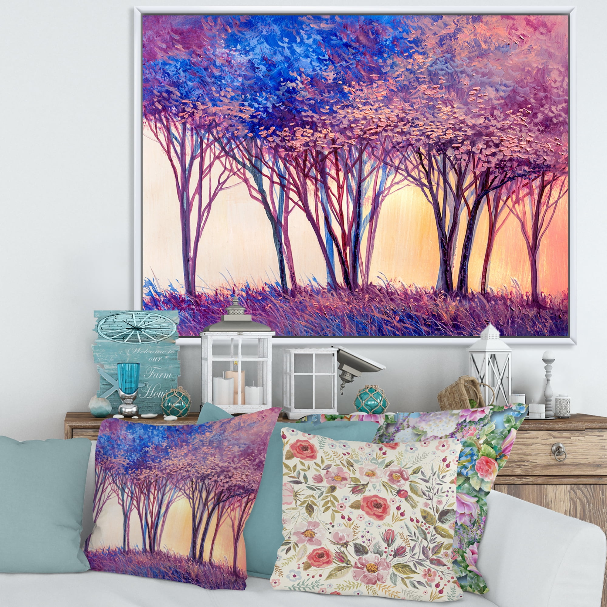 Designart 'Colorful Blue Trees Abstract Forest Landscape' Modern Framed Canvas Wall Art Print