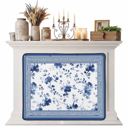 Magnetic Fireplace Cover Blue Flowers Fireplace Screen Watercolor Floral Geometric Frame Insulation Fireplace Blocker Blanket Save Energy Fireplace Draft Stopper Covers for Living Room 36x30