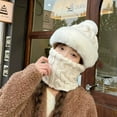 thumbnail image 2 of Xfvqtps Womens 3 in 1 Beanie Neck Scarf and Mask Plush Brim Cute Pompom Furry Solid Color Thickened Windproof Coldproof Warm Outdoor Cycling Winter Headband Cap White, 2 of 4