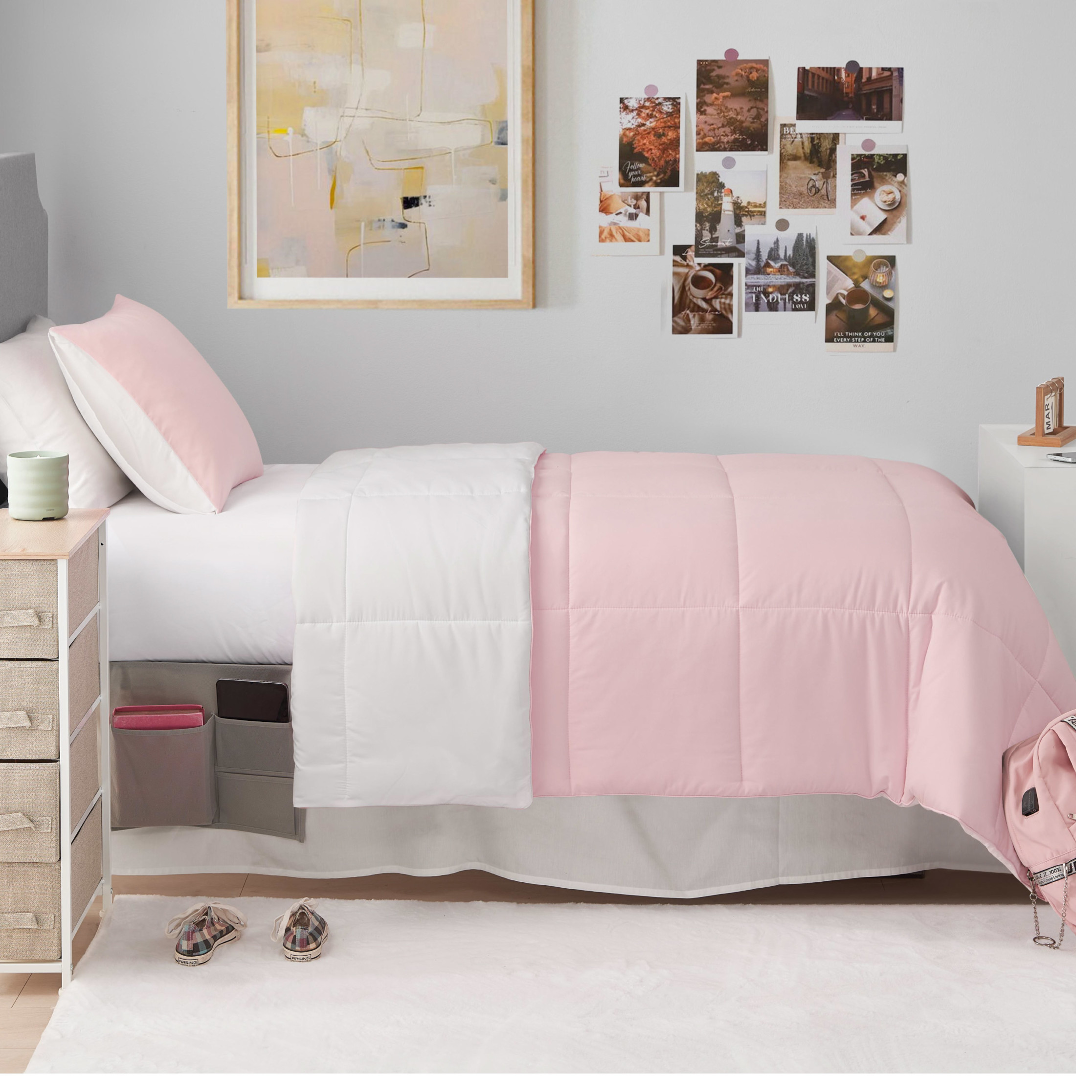 The Sheet Lab Reversible Box Stitch Comforter Set, 3-Piece King – Light Pink/White