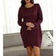 thumbnail image 4 of Vestido túnica con puños atados y bolsillos, cuello redondo, manga larga, vestido holgado de color puro, de gran tamaño, para mujer, rojo vino L, 4 of 8