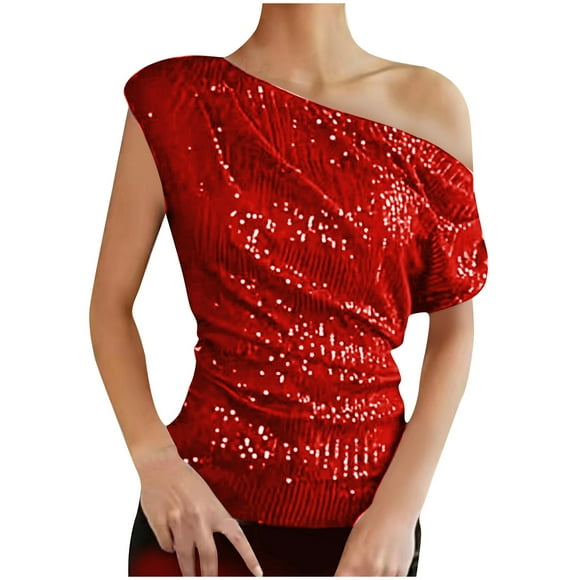 Bigersell Sequin Tops for Women Elegant One Shoulder Sleeveless Sparkly Cropped Tunic Tops Glitter Shirts Party Tops Clubwear Red XL
