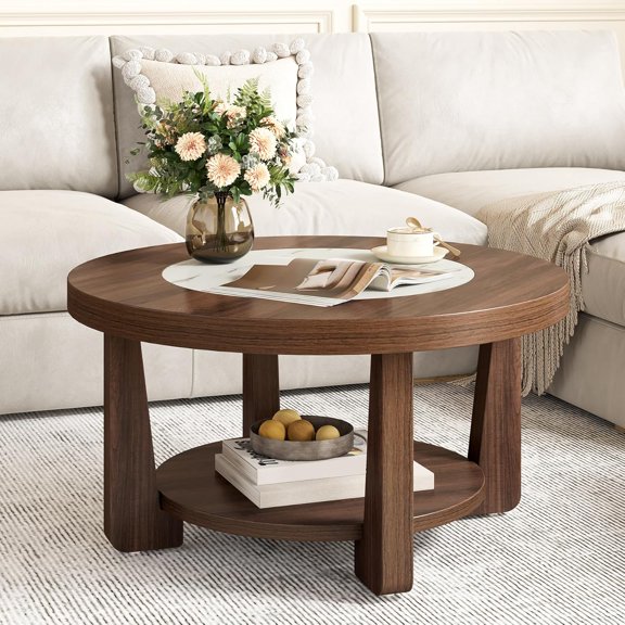 Modern Round Coffee Table, 2-Tier Wood Coffee Table with Storage, Marble-Like Tabletop for Living Room, Simple & Modern Center Table for Small Space, Brown