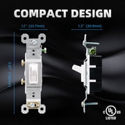 Hyper Tough 15A Single Pole Toggle Switch, Impact Resistant Housing, Self Grounding, Quick Wiring Terminals, White
