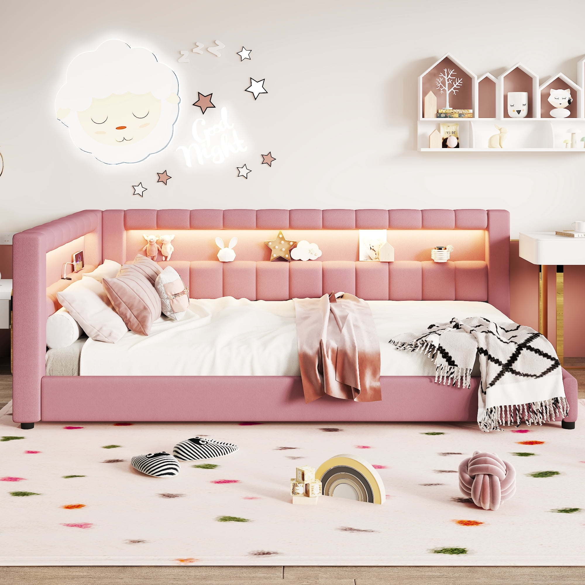 Euroco Upholstery Full XL Platform Bed with LED Light and USB Ports, Pink