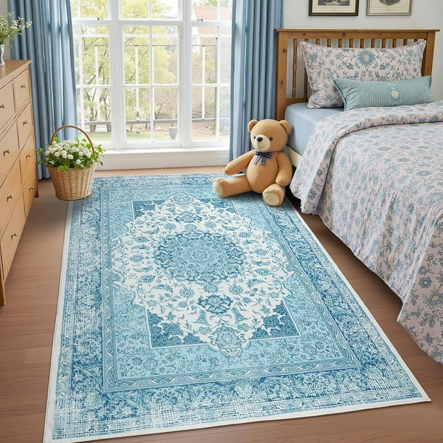 Macgace 4x6 Washable Rugs for Living Room, Faux Wool Vintage Rug for Bedroom Dining Room, Low Pile Soft Boho Floor Covering Carpet Retro Distressed Medallion Mat Traditional Interiors, Blue