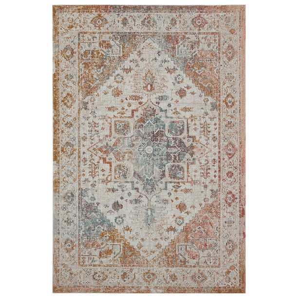 Lr Home Medallion Distressed Border, Persian Rug With Blue And Red Accents