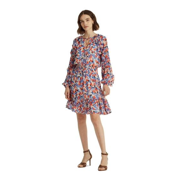 LAUREN RALPH LAUREN Womens White Tie Lined Printed Raglan Sleeve Split Above The Knee Fit   Flare Dress 4