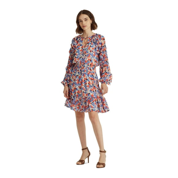 LAUREN RALPH LAUREN Womens Blue Ruffled Smocked Tiered Hem Lined Raglan Sleeve Split Knee Length Wear To Work Fit + Flare Dress 12