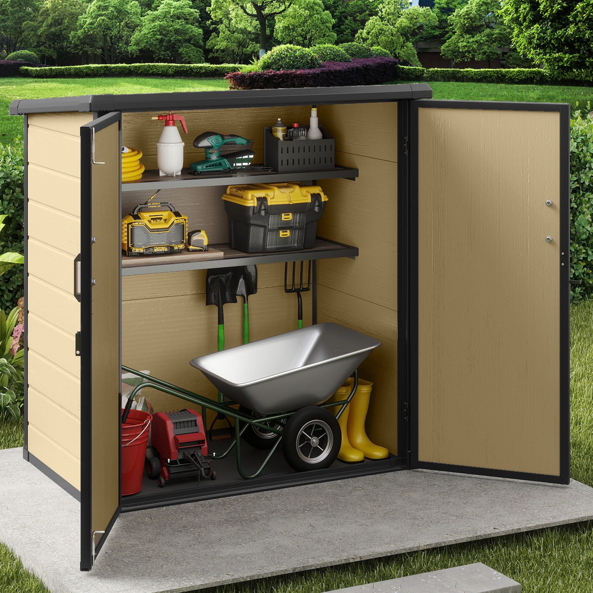 Uforic 54 Cu. Ft. Outdoor Vertical Storage Shed with 2 Shelves, 4.2x2.6x5 Ft, Includes Floor & Lockable Doors, Durable Double-Wall Plastic Cabinet for Trash Cans, Tools and Garden Equipment, Brown