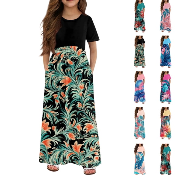 Hawaiian Girls Dresses Size 10-12 Palm Tree Graphic Crewneck T Shirt Dress Little Girls Patchwork Dress Short Sleeve Beach Dresses 2026 Summer Casual Maxi Dress with Pockets,Black 13-14 Years