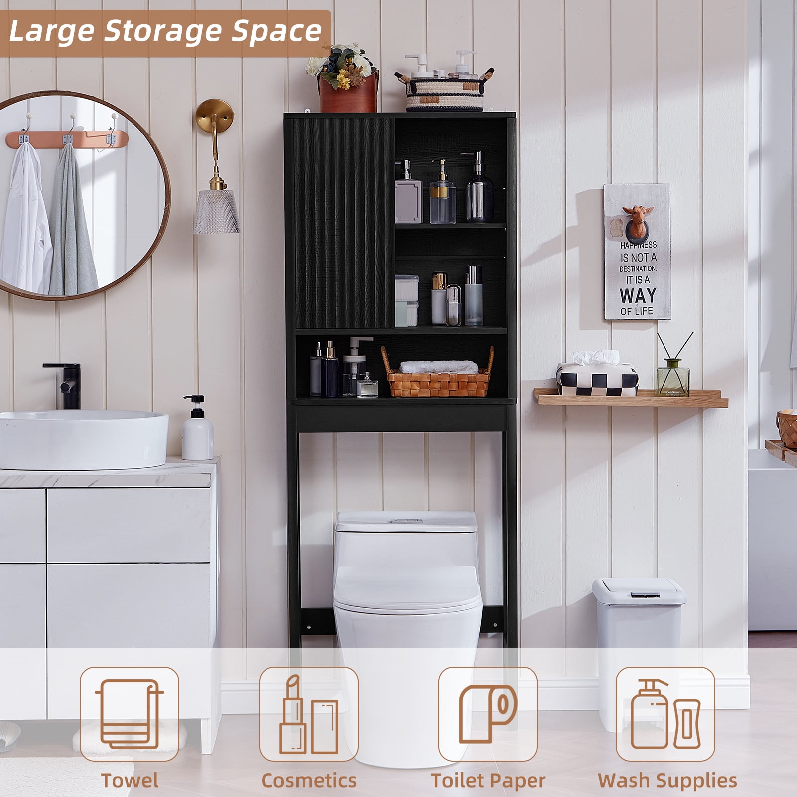 LELELINKY Over The Toilet Storage Cabinet with Rattan Sliding Door, 68" Tall Wood Bathroom Organizer with Adjustable Shelf for Small Spaces, Black