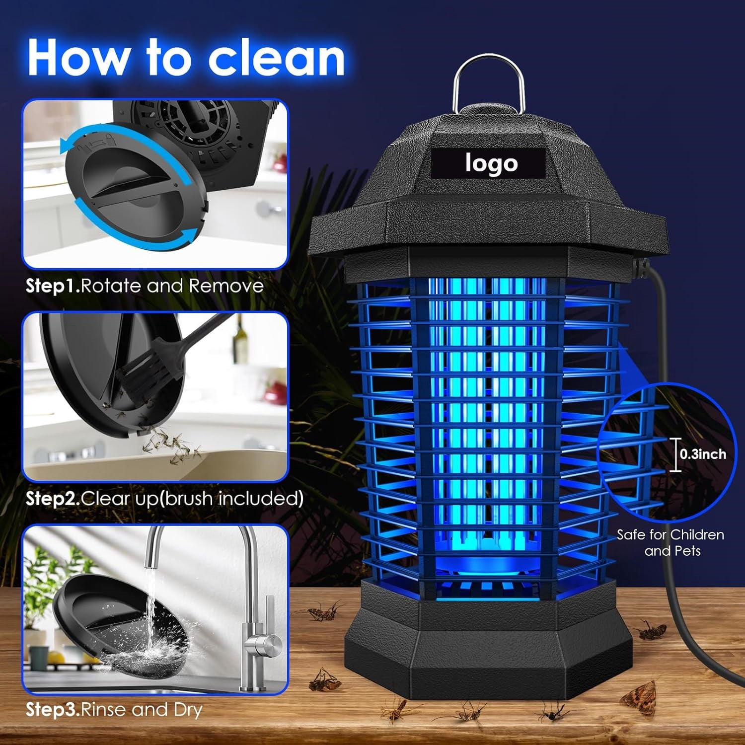 Bug Zapper Outdoor, Mosquito Zapper, 3 Prong Plug in Electric Fly Zapper, Mosquito Killer, Fly Traps, Flying Insects Zapper Indoor Outdoor, 4200V, ABS Plastic Outer (Black),Black T6