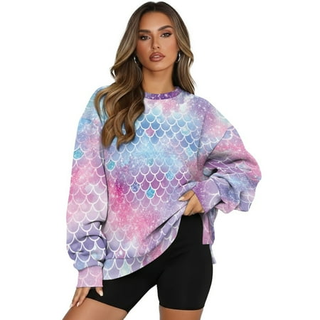 SCRAWLGOD Mermaid Scales Print Violet Sweatshirt for Women Long Sleeve Crewneck Sweatshirts Fall Casual Clothes Pullover Comfortable Loose Fit Tops with Pockets M