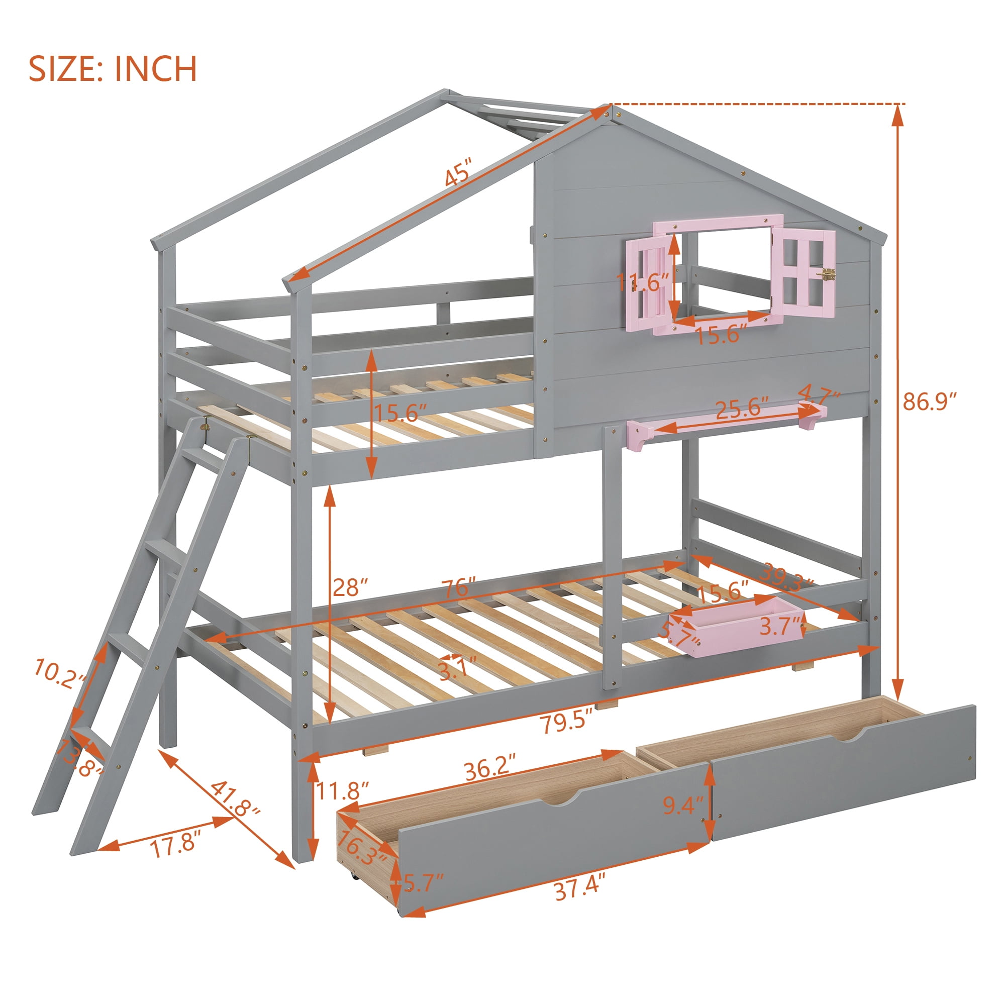 Euroco Wood Twin over Twin Bunk Bed, House Bed with Roof and Window, 2 Drawers and Cabinets for Kids Teens Bedroom, Gray