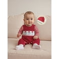 thumbnail image 4 of Miaouyo Infant Baby Girls Boys Christmas Outfit 0 3 6 9 12 18 Months Loose Fit Striped Crew Neck Romper Embroidered Overalls Pants and Cap 3 Pcs Set, 4 of 9