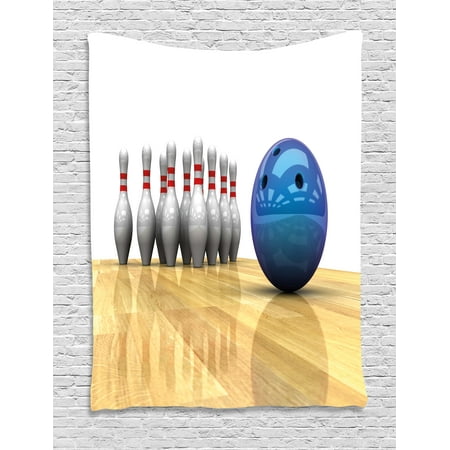 Bowling Party Tapestry, Vivid Objects Ball and Pins on a Parquet Floor Print Party Set Up, Wall Hanging for Bedroom Living Room Dorm Decor, Blue Pale Brown White, by
