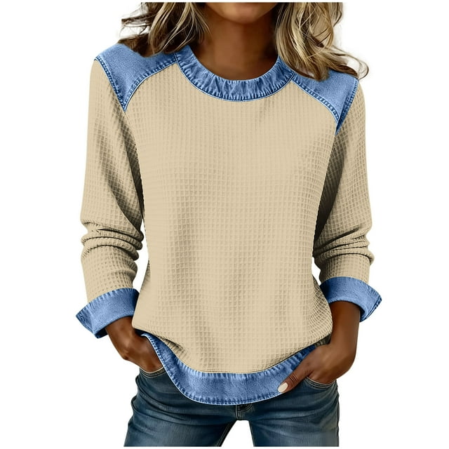 Camisetas de Manga Larga para las Mujeres Loose Fit Color Sólido Blusa de Cuello Redondo Top Suave Casual