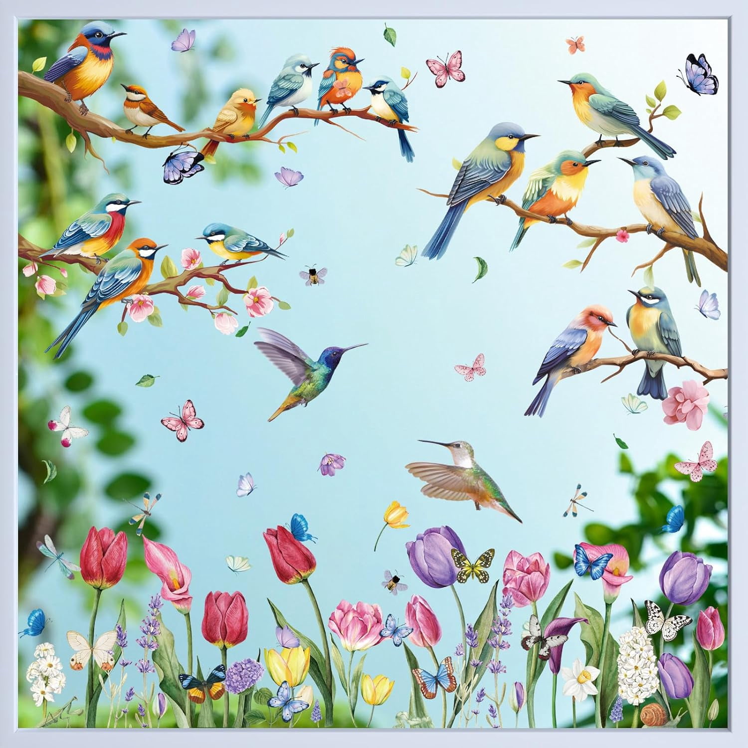 Spring Window Clings, 9 Sheets 76 PCS Tulip Window Clings with Bird Branch Butterfly Double Sided Reusable Spring Holiday Decorations Spring Decor for Room Office