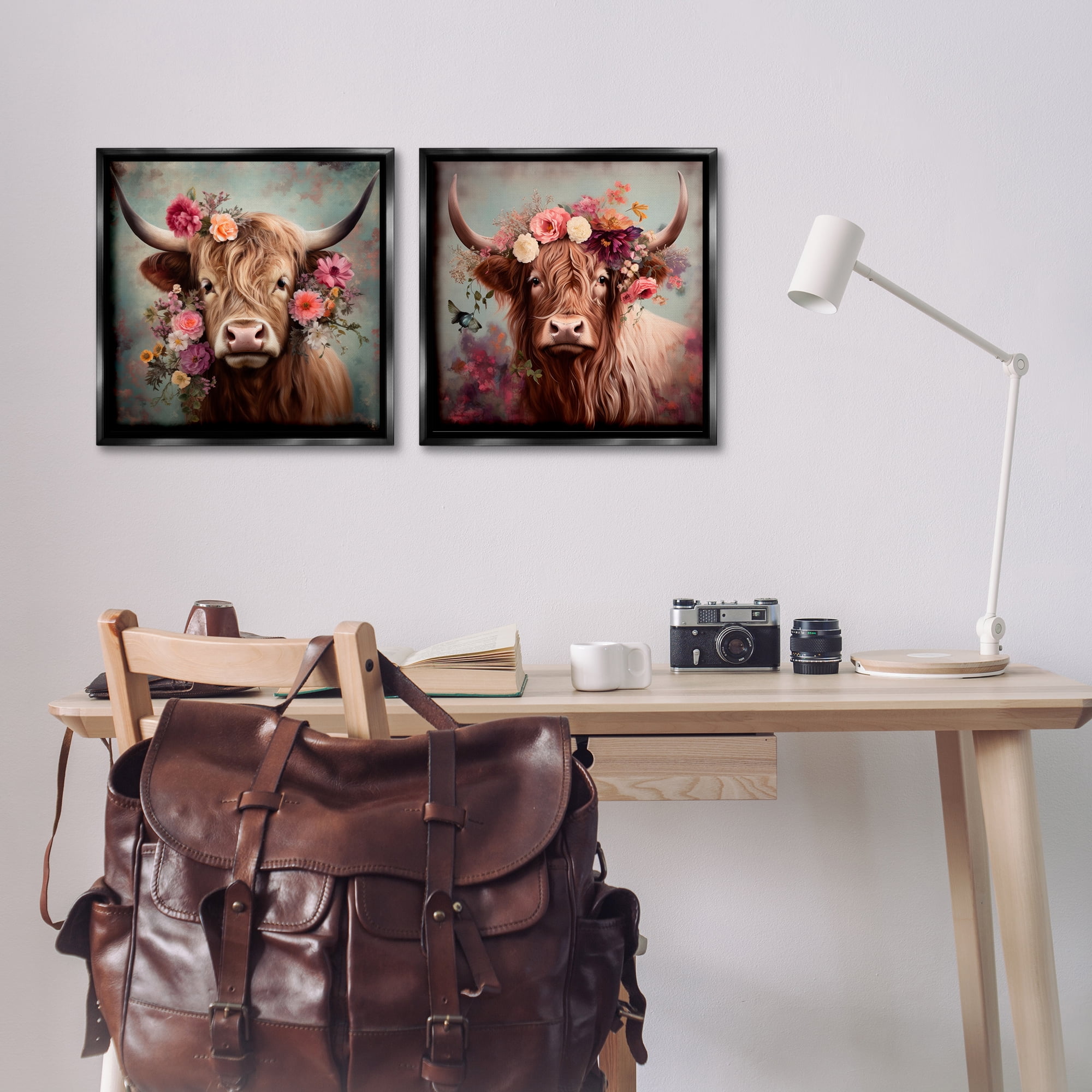 Stupell Industries Highland Cow Field Flower Crown Animals Painting Black Floater Framed Canvas Art Print Wall Art, 18 x 18, Set of 2