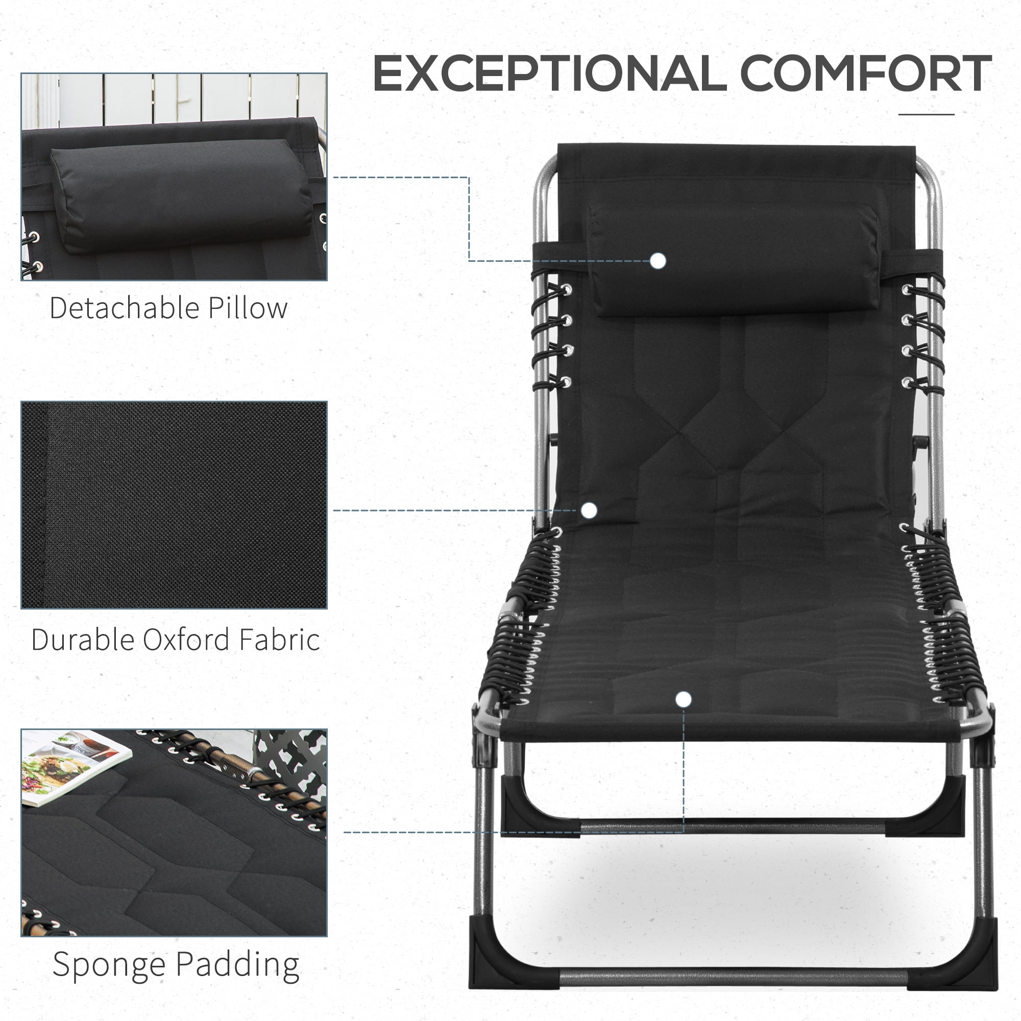 Folding Chaise Lounge Chair, Outdoor 6-Level Reclining Camping Tanning Chair with Headrest