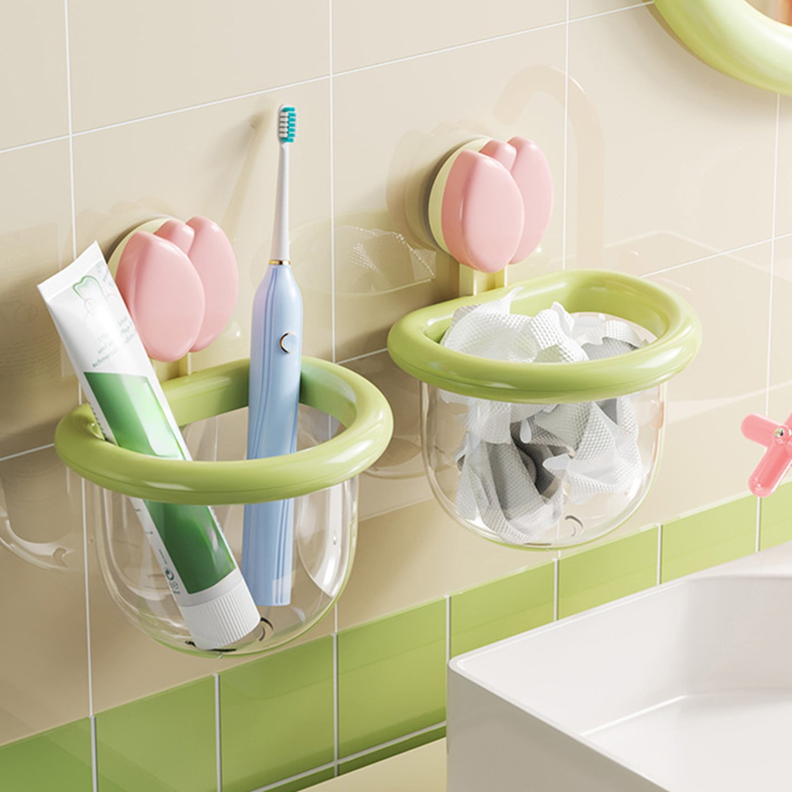 Pink Suction Cup Storage Cup With Flower Shape And Green Ring For Bathroom Kitchen Wall Mount No Tools Installation With Drain Holes