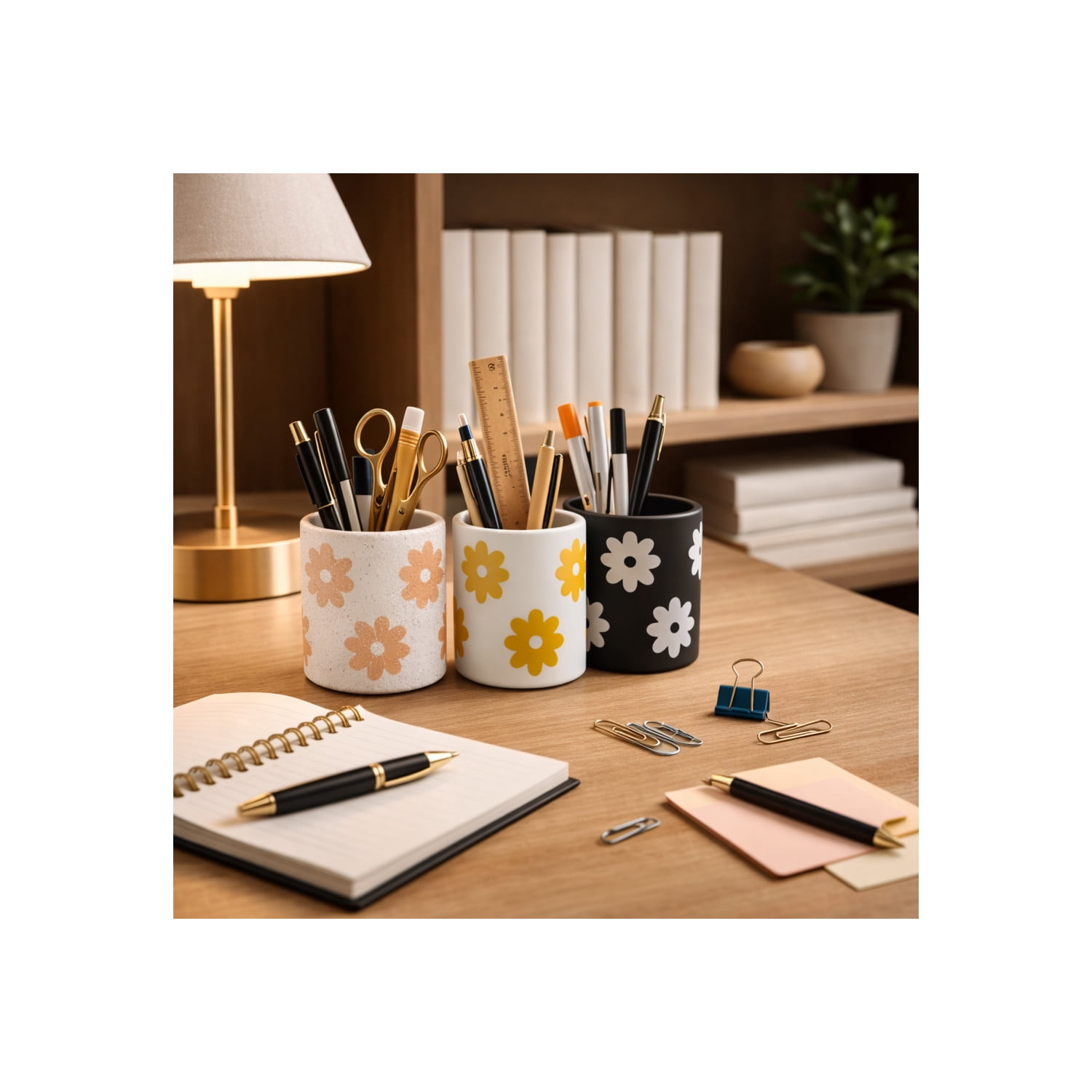 Cylinder Desk Organizer for Home Decor - Ceramic Desktop Organizer for Office Storage and Small Desk Workspace  - Boho Floral Office Accessory Decor for Tabletop - Set of 3, 5", White & Black